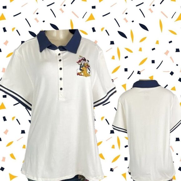 Disney Plus 4 Eggshell Mickey &Friends Navy Trim Graphic Short Sleeve Polo Shirt - Picture 1 of 6